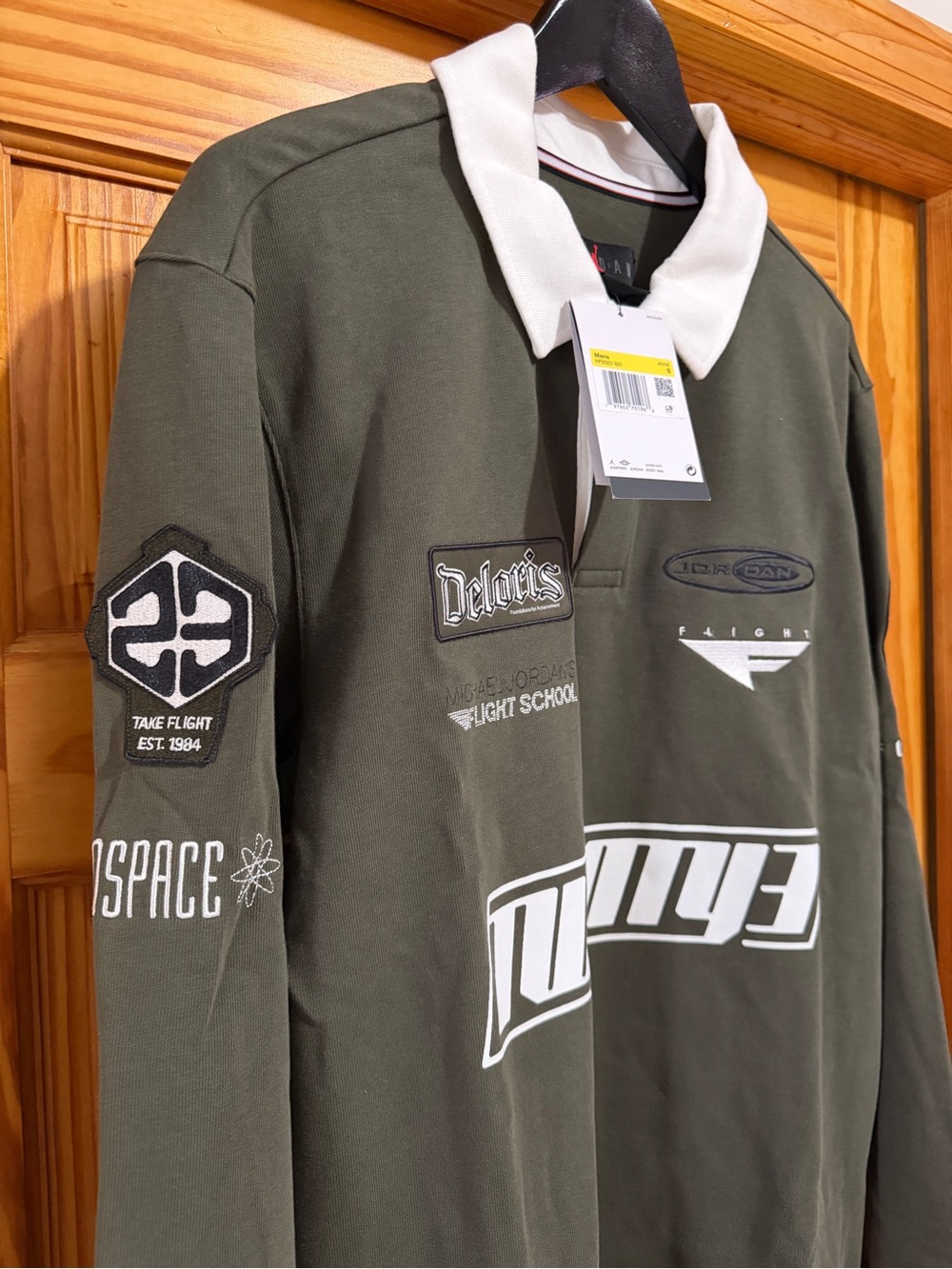 Jordan Olive Green Long Sleeve Polo with White Collar and Graphic Logos - Picture 5 of 5